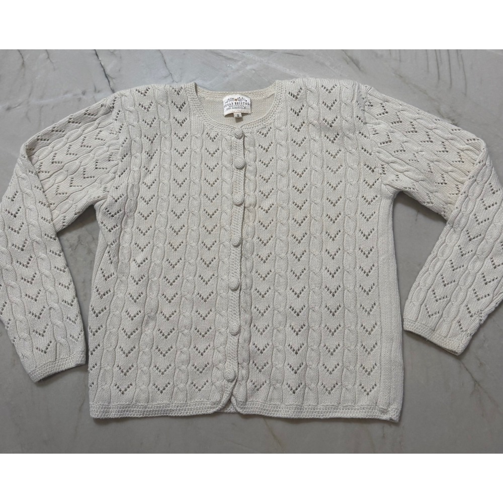 Vintage Susan Bristol Cottagecore Cream Cable Knit Cardigan‎ Sweater Sz Small